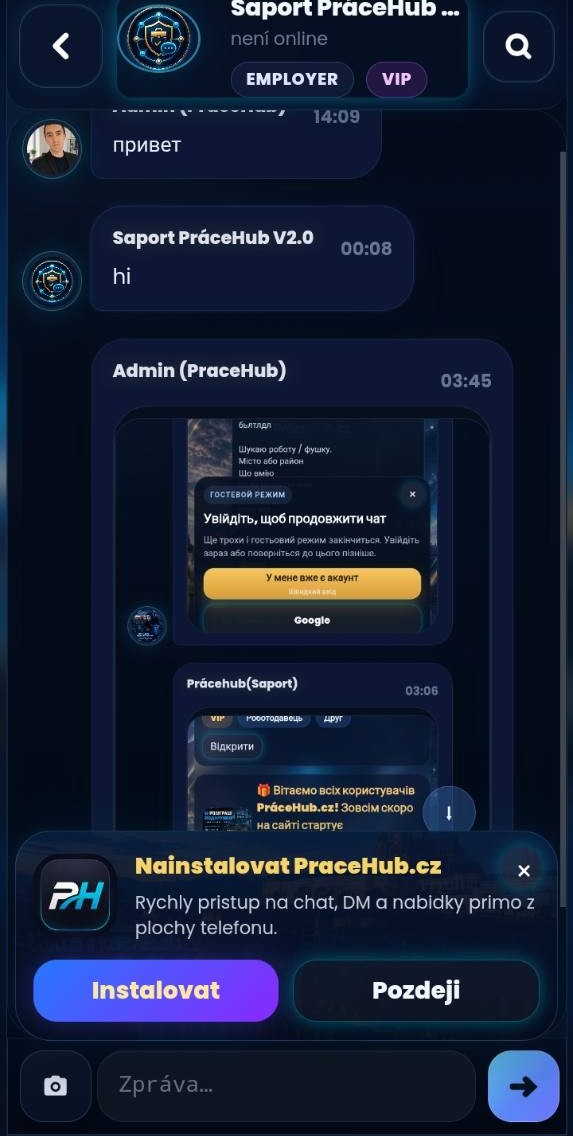Скрин чата и PWA установки PráceHub